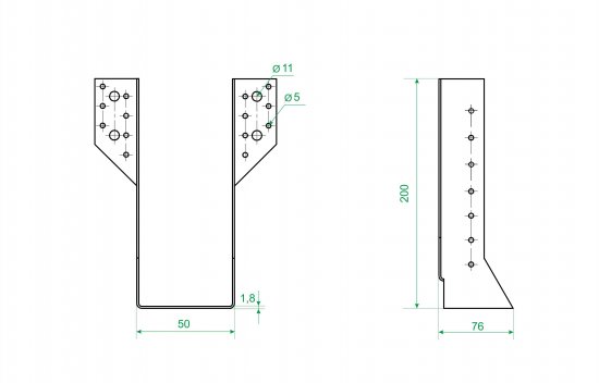 Опора бруса раскрытая OBR R 50x200x1.8