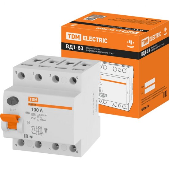 Узо TDM ELECTRIC ВД1-63 4Р, 100 А, 300 мА