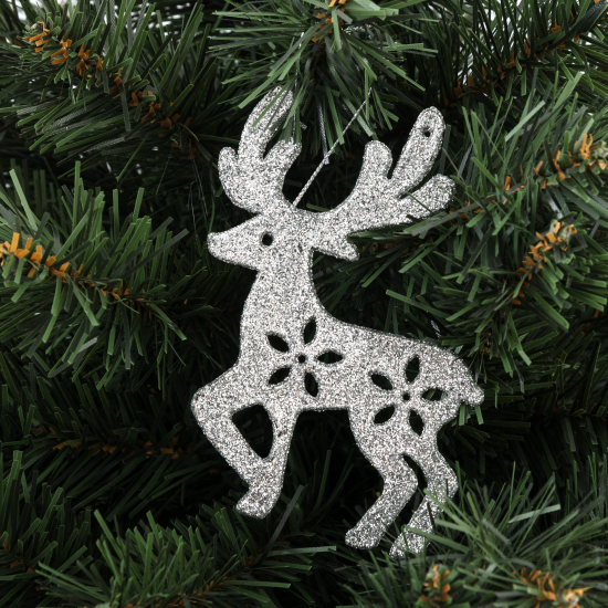 Елочная игрушка «Олень» 10 см глиттер серебряный