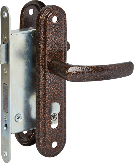 Замок врезной с дверными ручками на планке Зенит ЗВ4.2-08-01 медь