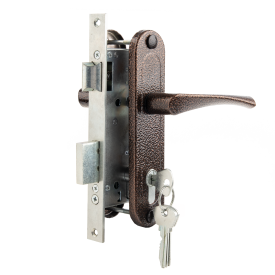 Замок врезной с дверными ручками на планке Зенит ЗВ4-70/07 медь