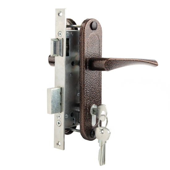 Замок врезной с дверными ручками на планке Зенит ЗВ4-70/07 медь