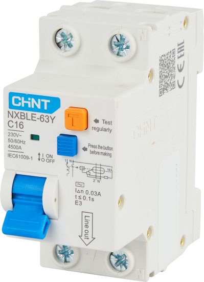 Дифференциальный автомат CHINT NXBLE-63Y 1P N C16 A 30 мА 4.5 кА AC