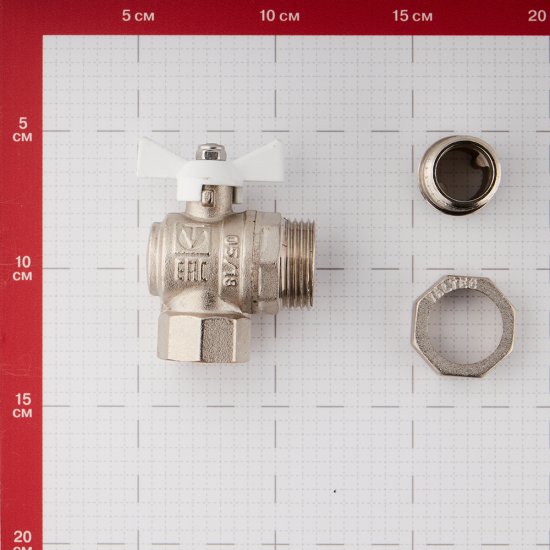 Кран шаровой латунный Valtec Base 3/4 ВР(г) х 3/4 НР(ш) бабочка с полусгоном угловой (VT.228.NW.05)