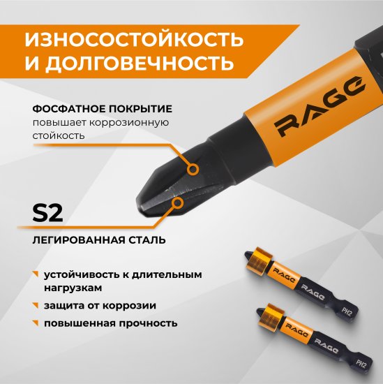 Бита с ограничителем магнитная Rage 554133 PH2x50 мм, 2 шт.
