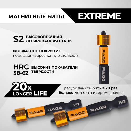 Бита с ограничителем магнитная Rage 554134 PZ2x50 мм, 2 шт.