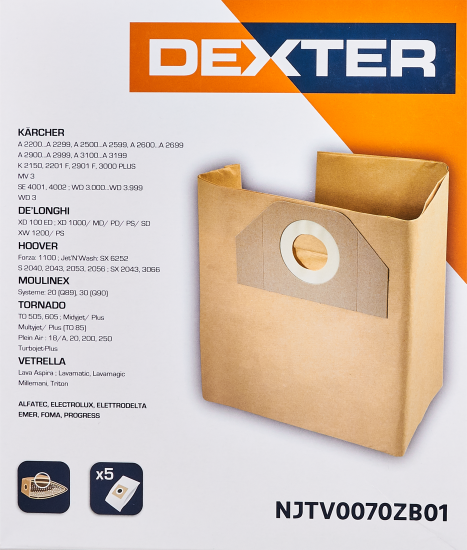Мешки бумажные для пылесоса Dexter NJTV0070ZB01 20 л, 5 шт.